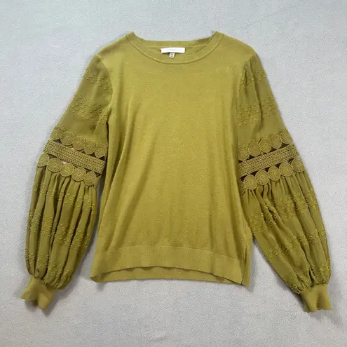 Siani Milano Sweater Olive Green M Women Crew Neck Bishop Sleeve Embroidered Size M