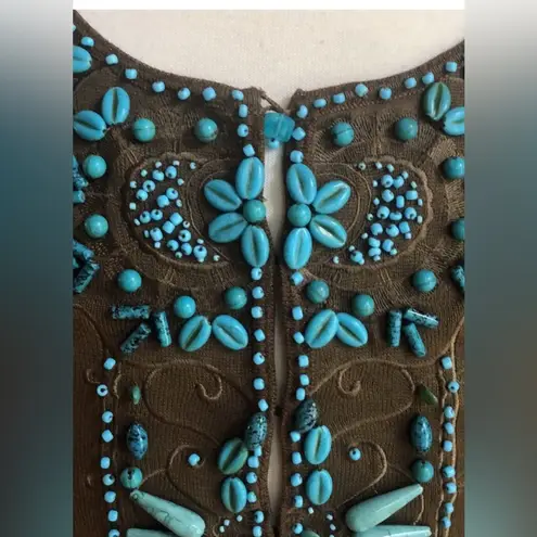 Vintage Boho Votre Nom Brown Top with Turquoise Beading, Excellent Condition Size L