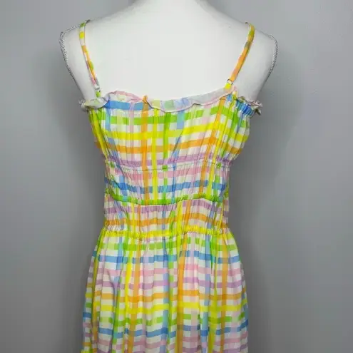 Celina Moon Pastel Plaid Mini Dress Women Large Smocked Sundress Summer Beachy Yellow