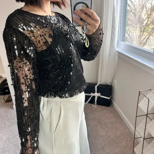 Black Sequin Sheer top with cami set. S
