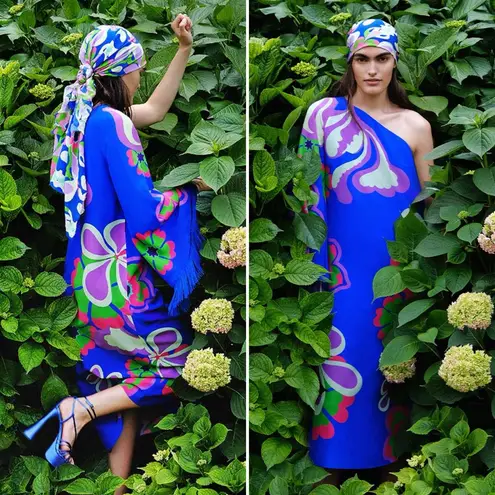 Borgo de Nor Aubrey One Shoulder Crepe Fringe Dress NWT Size 2 US (6 UK) Blue