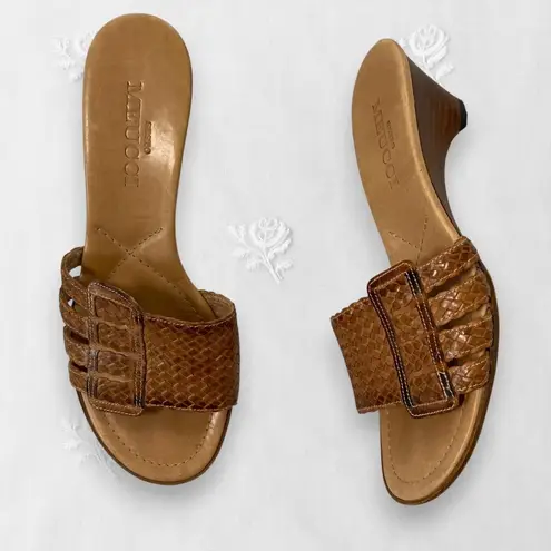 Tan Brown Braided Open Toe 90s Euro Leather Block Wedge Heels Sandals 6.5