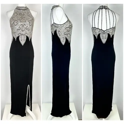 Moda VTG 90s Y2K Black Silver Sequin Slinky Prom Dress Halter Open Back Slit Small