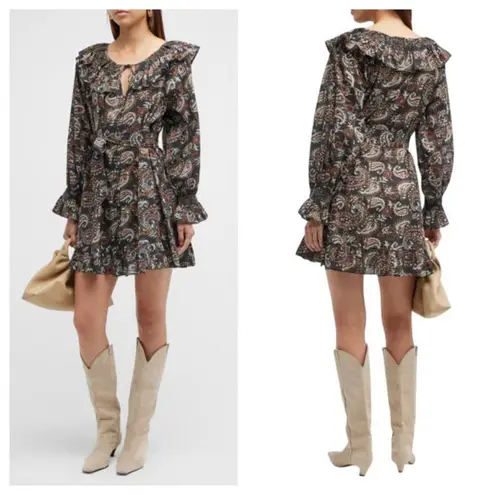 Cleobella Carolyn Split-Neck Paisley Ruffle Mini Dress Small Ruffle Long Sleeve