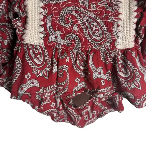 Sea New York Theodora Red Paisley Print Puff Sleeve Square Neck Crochet Trim Top