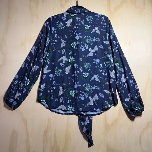 Vanessa Williams Bow Blouse NWT Size Small Blue Crane Floral Print Long Sleeve
