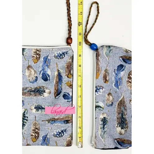 Handmade BUNDLE Blue Feather Beaded Rustic Crossbody Bag Wristlet Corduroy Set