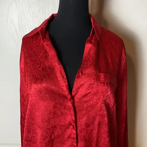 RED SATIN DAMASK PRINT LONG SLEEVE BUTTON DOWN NIGHT SHIRT GOWN Size M