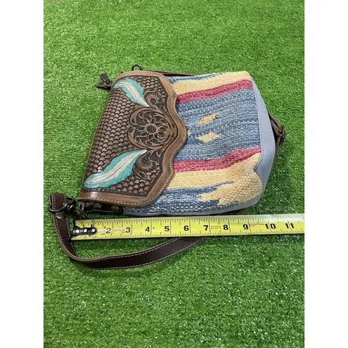 Myra Bags Purse Western Leather Cotton Carve Aztec Crossbody Hand Bag Brown