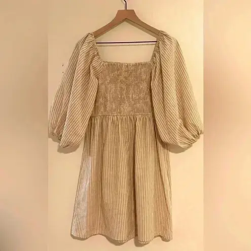 BIBI | Taupe Striped Smocked Puff Sleeve Dress White Size XL