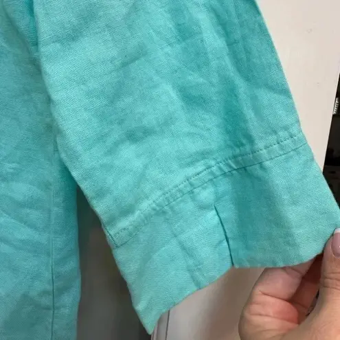 Chico's  Aqua Breeze Beaded Linen Turquoise Open Jacket Cardigan Coastal Size 0 S