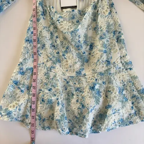 En Saison Claire Floral Blue Eyelet Open Front Long Sleeve Mini Dress Sz Medium