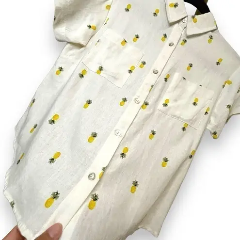 Rae Dunn NWT Pineapple Print Linen Blend High Low Button Up Top - Small
