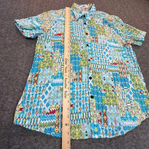Vatpove Shirt Womens Medium Green Blue Aztec Madras Coastal Country Vacation