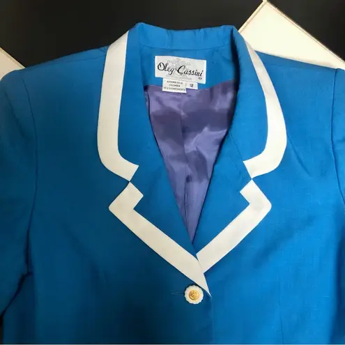 Oleg Cassini Vintage 80s Blazer Jacket Bright Lapis White Trim Gold Lion Buttons - Image 3
