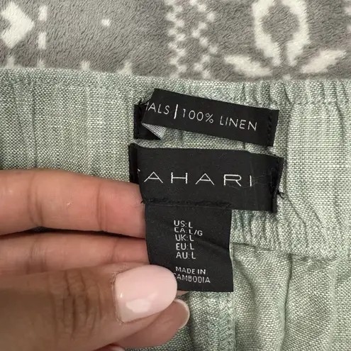 Tahari Women's 100% Linen Cropped Wide Leg Pull On Pants Green Elastic Waist LG - Image 5