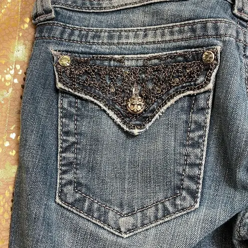 Miss Me  boot cut rhinestone chain pocket jeans, size 28 EUC