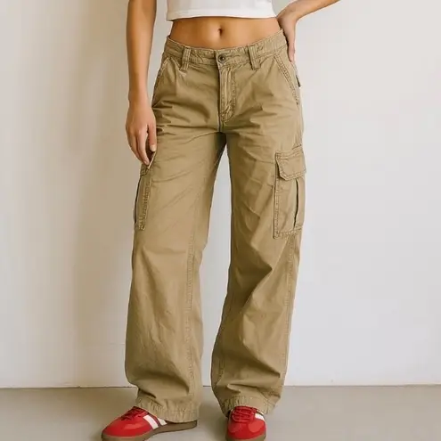 Polo Jeans Co Y2K Low Rise Baggy Cargo Pants Size 4 Grunge Boho 100% Cotton Brown
