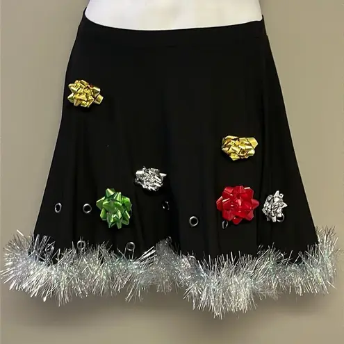 Btween Us Black Fit and Flare Ugly Christmas Skirt w/ Bows & Tinsel Garland