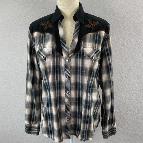 Brooks & Dunn Collection by Panhandle Slim Large Plaid Western Shirt Pearl Snap Black