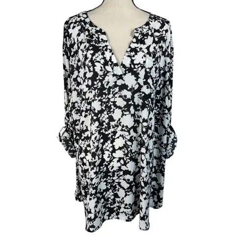 Ava & Viv 4X-Large Tunic Top Floral V-Neck Roll-Tab Sleeve Semi-Sheer Hi-Low Hem