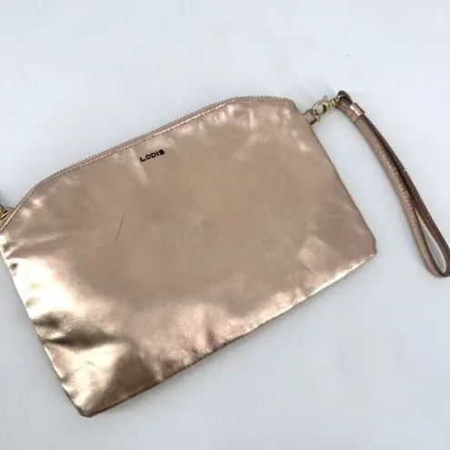 Lodis Rose Gold Metallic Leather Clutch Wristlet Cosmetic Makeup Bag Toiletries Gold