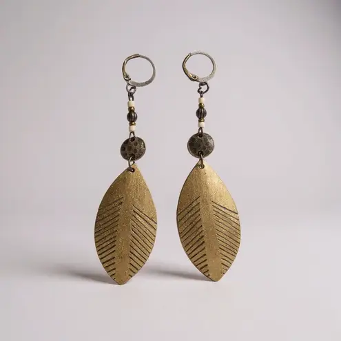 Boho Fabric Leaf Dangle Earrings with Beads Brown