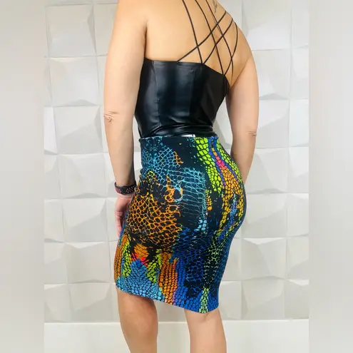 ALEXANDER MCQUEEN Rainbow Alligator Print Black Pencil Skirt Blue Size M