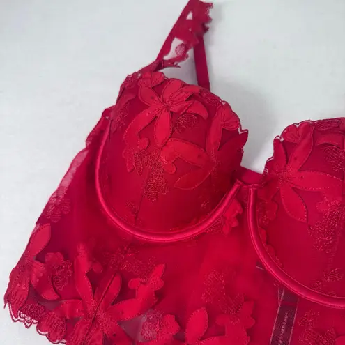 Victoria’s Secret Lace Longline Bustier Bra 36C Red Floral Embroidered Lingerie Size undefined