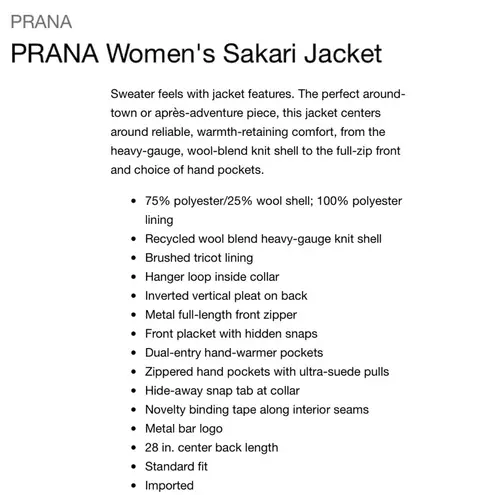 prAna “Sakari” Outdoor Wool Blend Women’s Jacket Size L