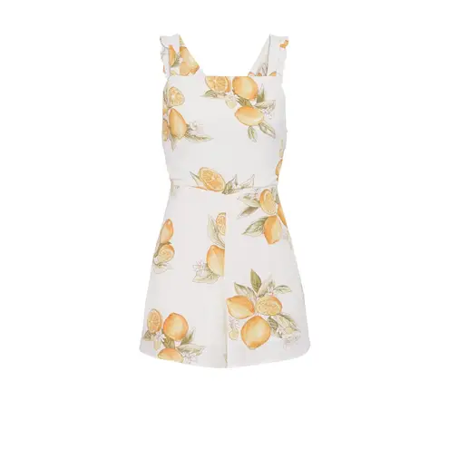 For Love & Lemons Lemonade Lemon Print Pinafore White Summer Romper Size S
