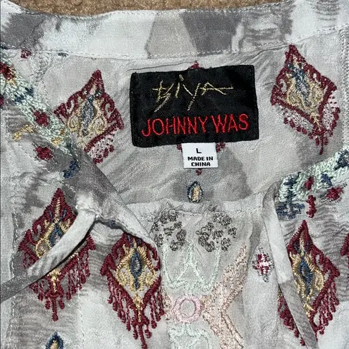 Johnny Was Biya Deliza Embroidered silk Boho Tunic Blouse Large