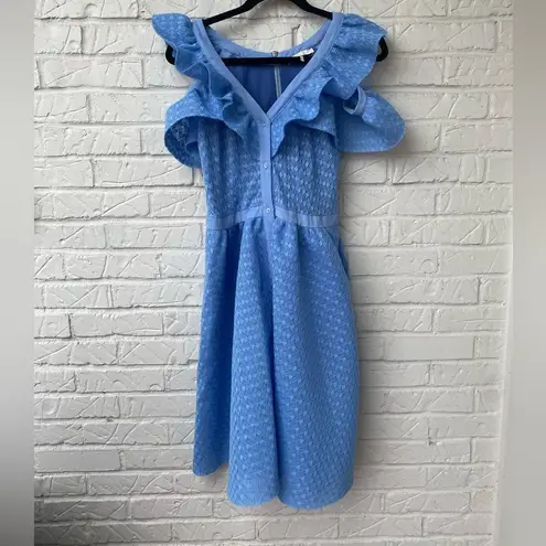 Maje Blue Lace Reglisse Ruffled Cold Shoulder Dress size L Cottagecore Milkmaid