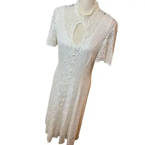 Vtg 70s/80 Dawn Joy Fashions Lace Sweetheart Key Hole Corset Tie Back Dress Sz M White Size M