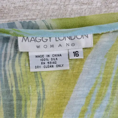 Maggie London Silk Cover Up Blouse Womens Size 16 Blue Green Sheer Swim Beach