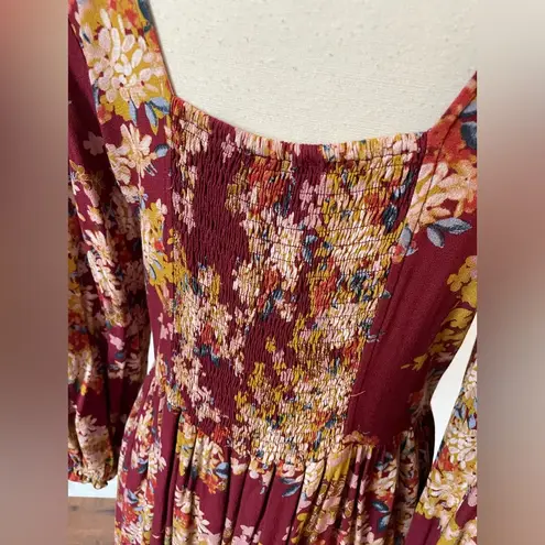 Skies Are Blue Floral Burgundy Print Midi Length Dress