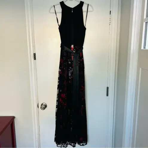 Slny Black Red Floral Velvet Sleeveless Formal Dress 6