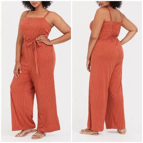 Torrid  Women 4 4X Plus Orange Rust Stripe Challis Wide Leg Jumpsuit Tie Waist