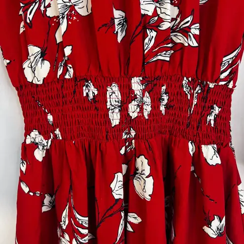 Plumberry Floral Print Smocked Waist Mini Dress Keyhole Neck Dressy Size Medium Red