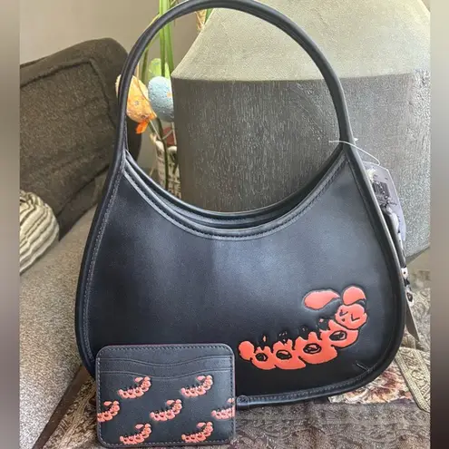 Authentic COACHTOPIA Leather Caterpillar shoulder magnetic closure hobo/card set Black