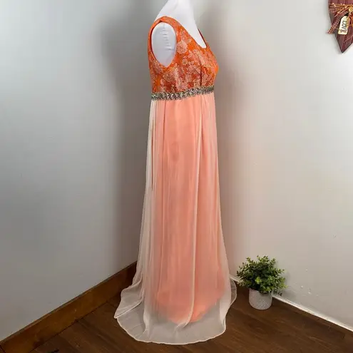 Vintage 60s Orange Empire Waist Sleeveless Chiffon Maxi Gown Size M