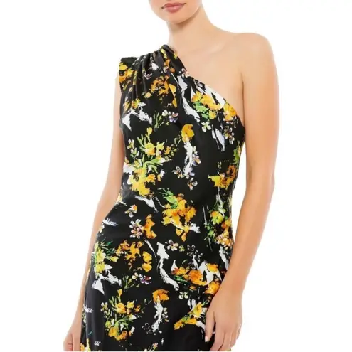 Mac Duggal | FLORAL PRINT DRAPED ONE SHOULDER MIDI DRESS 55630