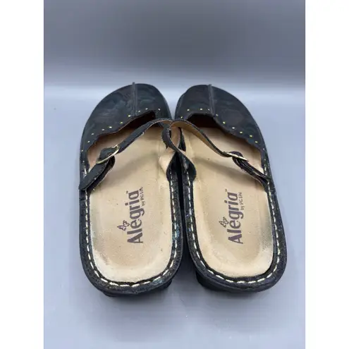 Alegria Shoes 38 Black Leather Rose Floral Mary Jane Clogs Comfort Shoes TUS-553