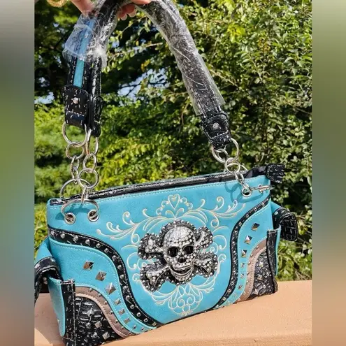 Turquoise Rhinestone Skull Concealed Carry Shoulder Bag & Wallet Set NWT Blue