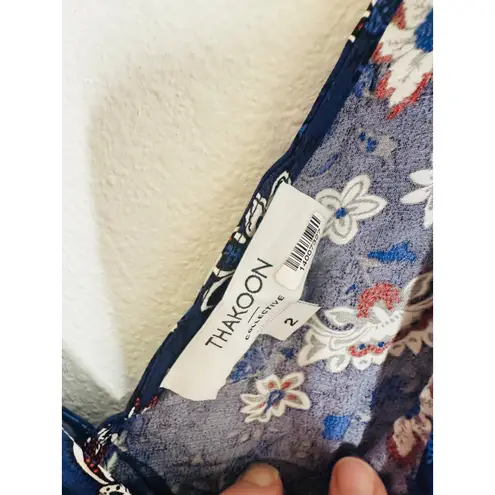 THAKOON Navy Lotus Print Shirred Waist Ruffled Hi