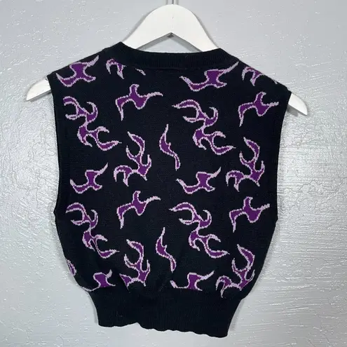 Pretty Damage Women M Black Purple Tribal Flame Sweater Vest Cropped V