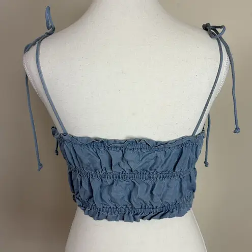 Aerie  Light‎ Blue Denim Cropped Babydoll Top with Tie Shoulder Size Small