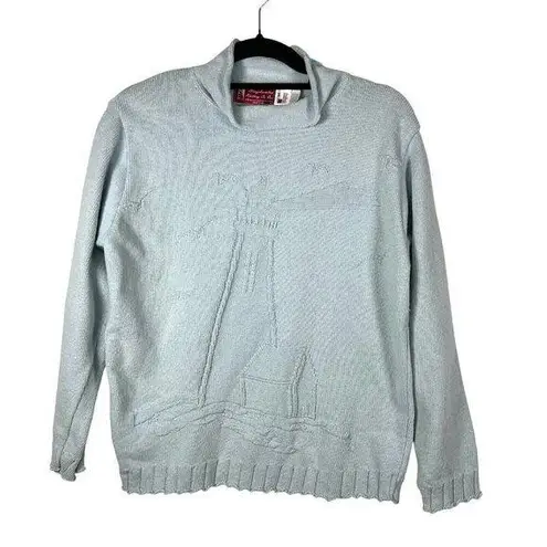 Vtg Binghamton Knitting Co Mock Neck Sweater Lighthouse Nautical USA Made blue M Size M - Image 1