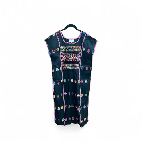 Mi Golondrina Black multicolor Shift Kaftan Huipil Tunic Dress Size Medium