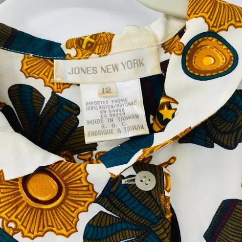 Jones New York  Vintage Button Down Blouse Shirt Top Gold Medal Print Size 12